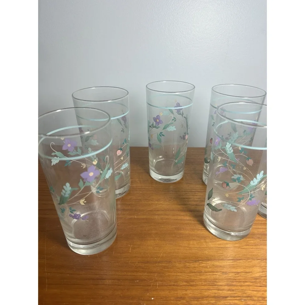 6 Pfaltzgraff April Tumblers Water Tea Drinking Glasses Dainty Floral 14 Oz